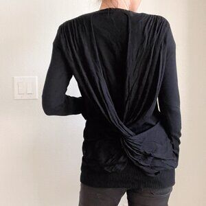 Y2K Central Park West Draped Back Cardigan Sweater – Black V-Neck Button Front